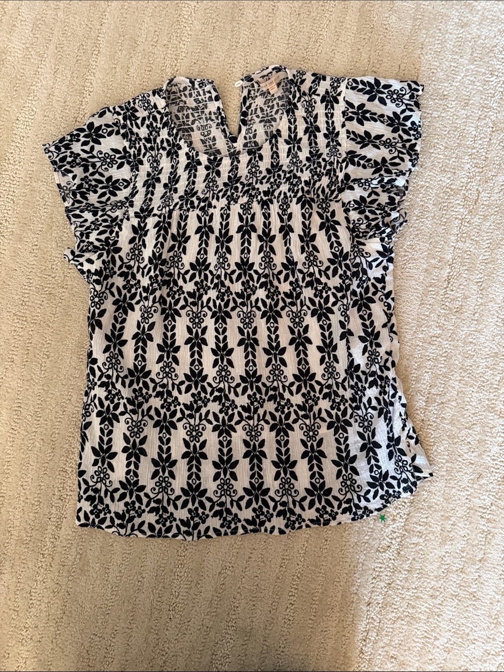 Skies Are Blue Black and White Floral Smocked Top